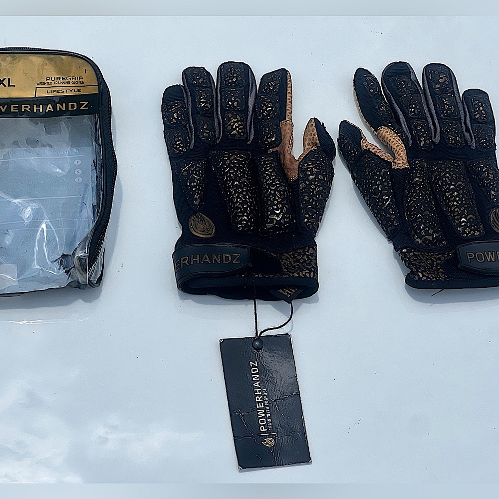 Pair of POWERHANDZ Weighted/Anti Grip Football Gloves/Black main color & tan.